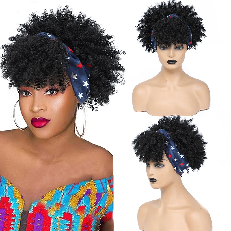 Kinky Curly Headband Wig Short Black Fluffy Curly Head Band Wigs for Women Synthetic Afro High Curly Scarf Wrap Wig with Bangs