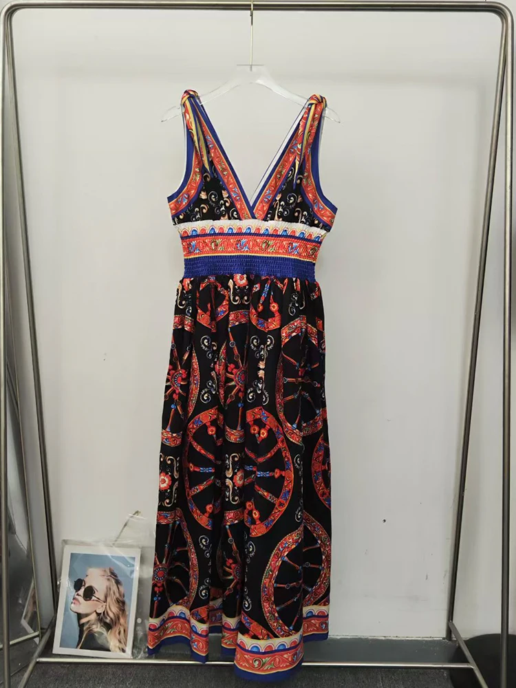 2026 summer women's clothing retro geometric positioning print sexy tube top suspender dress fashion shirring loose tutu skirt