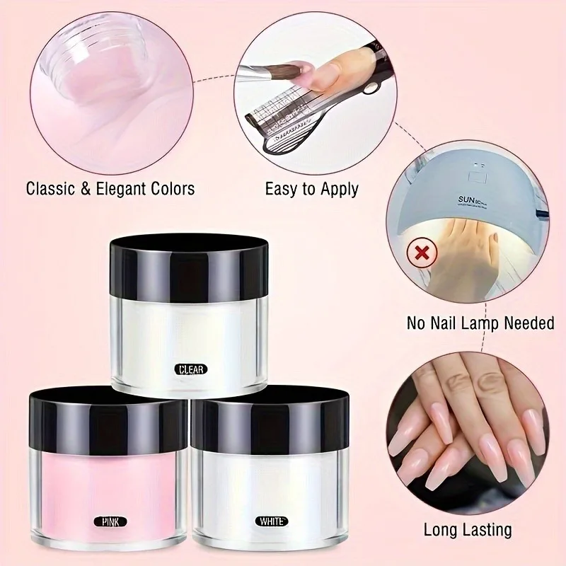 速乾性アクリルネイルパウダー,エクステンションとアートに長持ち,ランプ不要,3色,300g