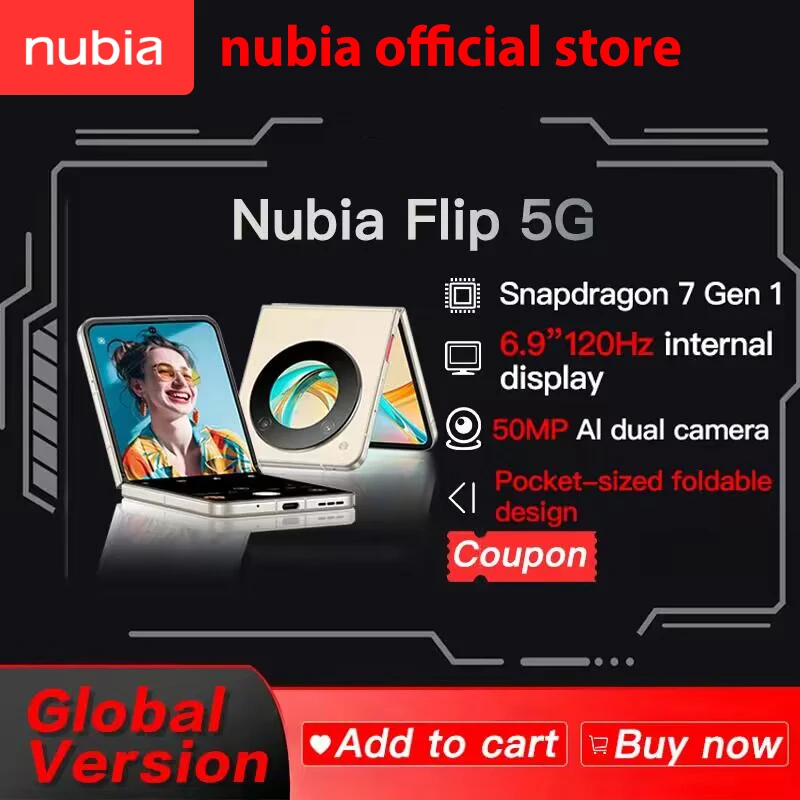 

8G+256G Nubia Flip 6.9" Global Version Snapdragon 7 Gen 1 4310mAh battery 33W charging Pocket-sized foldable design mobile phone