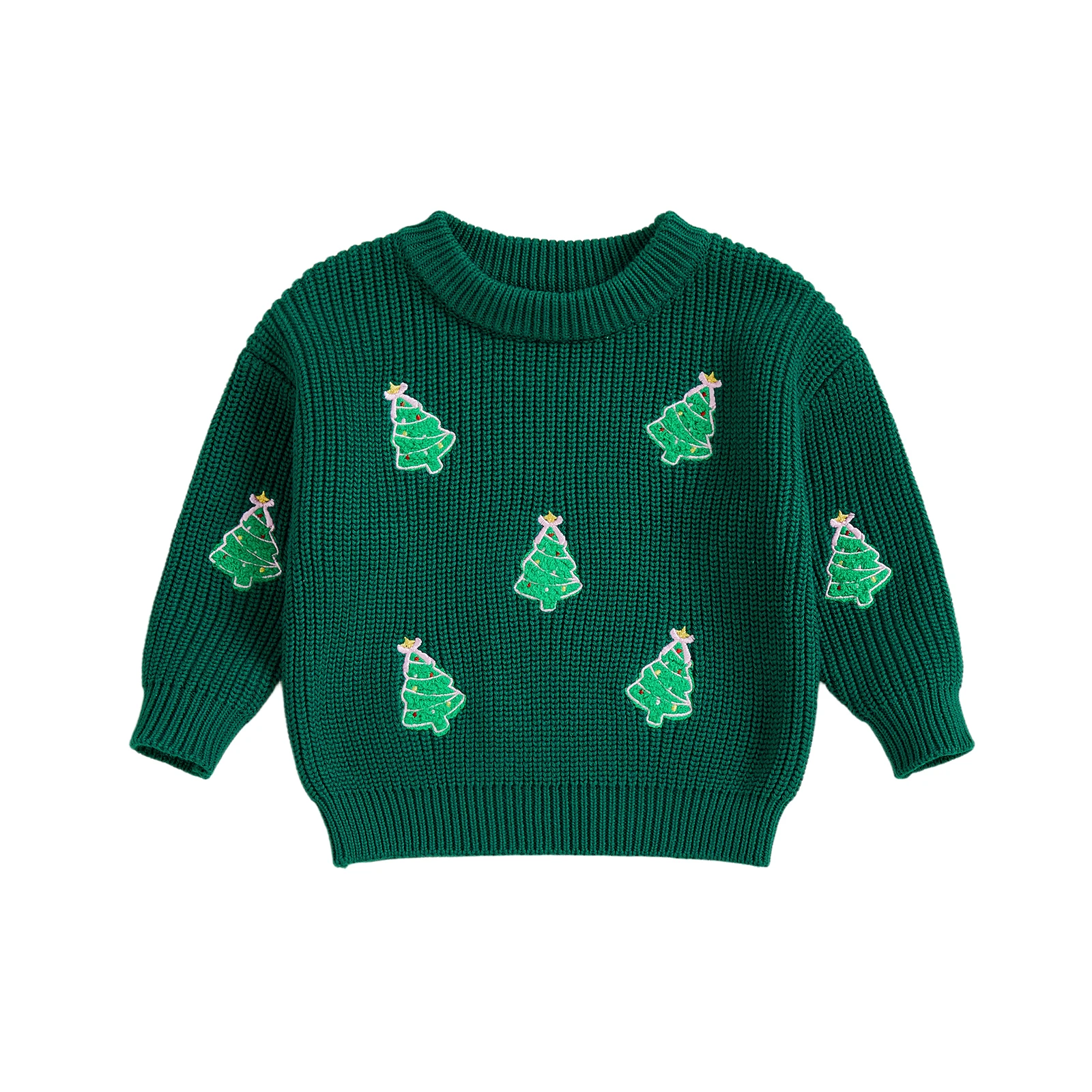 

Baby Christmas Sweaters Long Sleeve Round Neck Tree Embroidery Knit Tops Toddler Sweatshirts