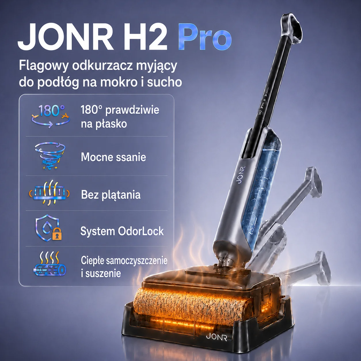 JONR H2 Pro odkurzacz myjący bez kabla, 180° na płasko i skręt 50°, blokada zapachów i plątania włosów, samoczyszczenie i suszenie gorącym powietrzem, ssanie 20 kPa, zbiornik 1500 ml, ekran i głos, 50