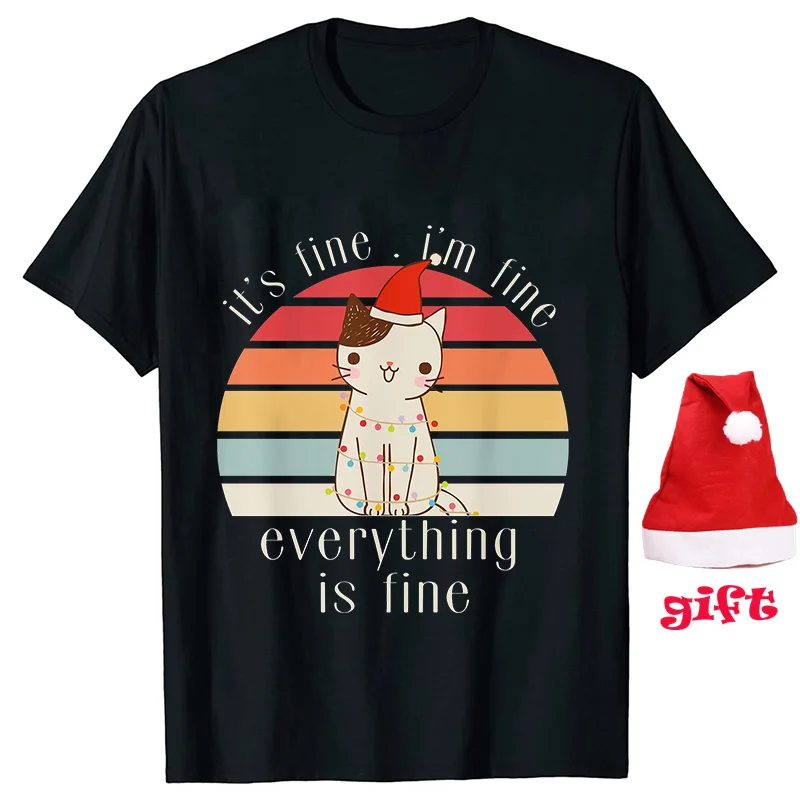 Funny Cat Its Fine I\'m Fine Everything Is Fine Women T-Shirt Christmas Lights Party Tops Female Clothing with Christmas Hats