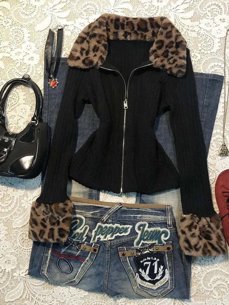 

Japanese Vintage Leopard Print Fur Collar Knitted Cardigan 2025 Spring Autumn New Jacket for Women Y2k Subcultural Casual Top