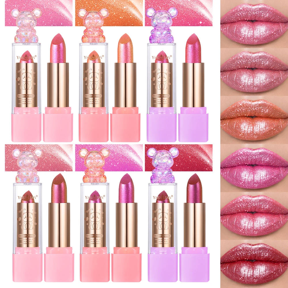Kawaii Bären-Tube Schimmernder Lippenstift, langanhaltend, glänzend, metallisches Lippen-Make-up, feuchtigkeitsspendender Lippenbalsam, einer von sechs wird zufällig ausgewählt.