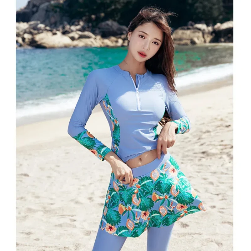 Long Sleeve Rash Guard Women Print Swimsuit Zipper Swimwear with Skirt Bathing Suits Blue Surfing Suits Pad Long Pant Beach Wear