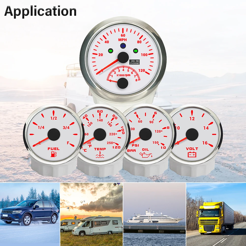 

ELING Car 85mm GPS Speedometer 0-120M 0-200M with Tachometer with 52mm Fuel Level 0-190ohm 240-33ohm 0-10Bar Oil Pressure 12V