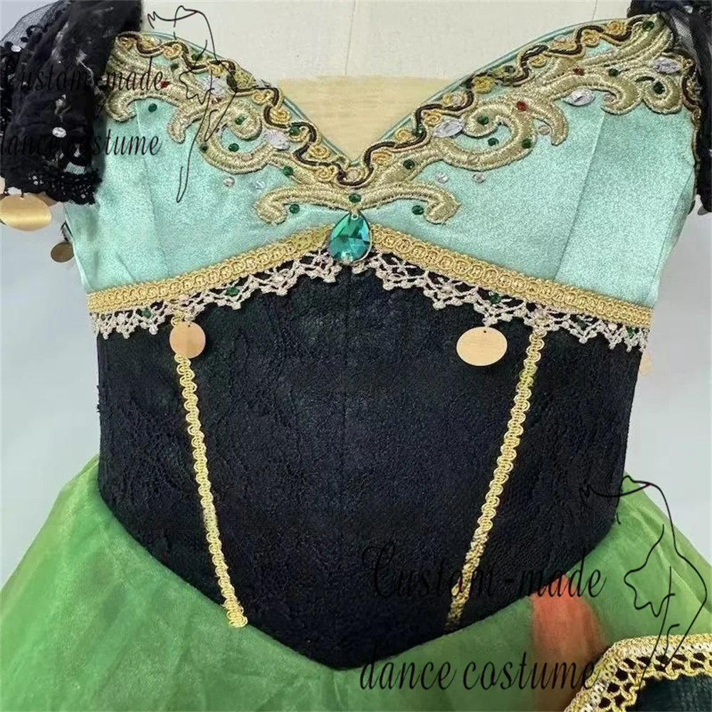 Jupe de ballet à variation pour femme Esmeralda, vert foncé, noir, rouge, broderie dorée, jupe longue en gaze moelleuse sertie de diamants