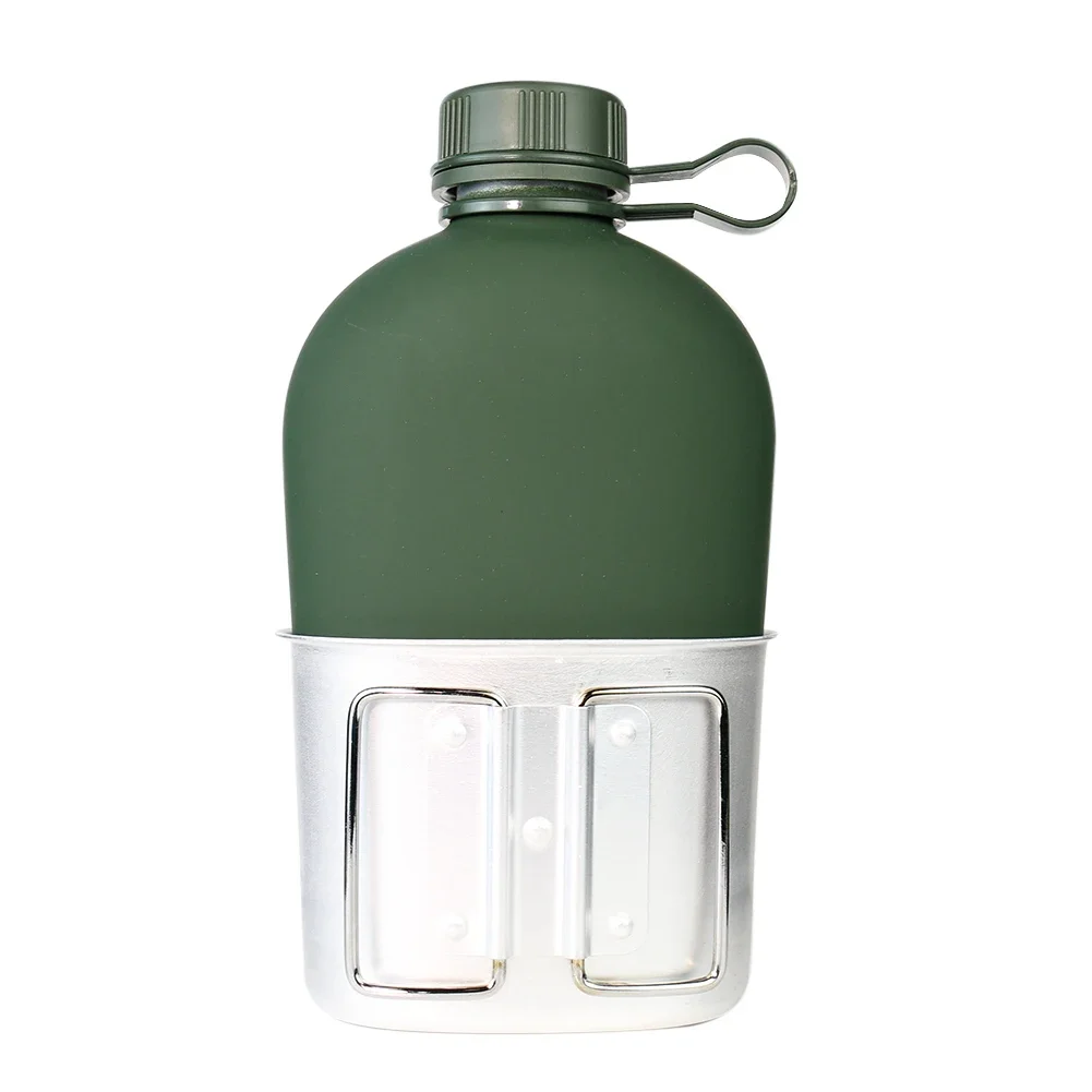 Juego de botellas de agua militares de cantimplora con taza de aluminio, 1L, para acampar al aire libre, senderismo, Picnic, hervidor de supervivencia, vasos, jarra