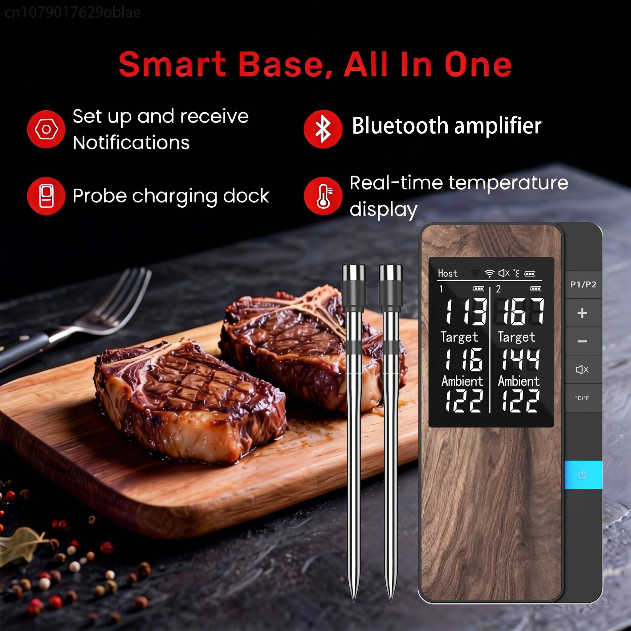 

Wireless Meat Thermometer Digita Bluetooth Kitchen Thermometer with 2 Smart Probes & LED Display Base For BBQ Oven & Smoker