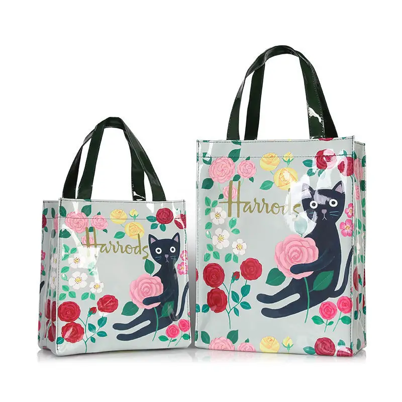 PVC London Style Reusable Shopping Bag Women's Bag Eco Friendly Flower Shopper Bag Waterproof Handbag Lunch Tote Shoulder Bag