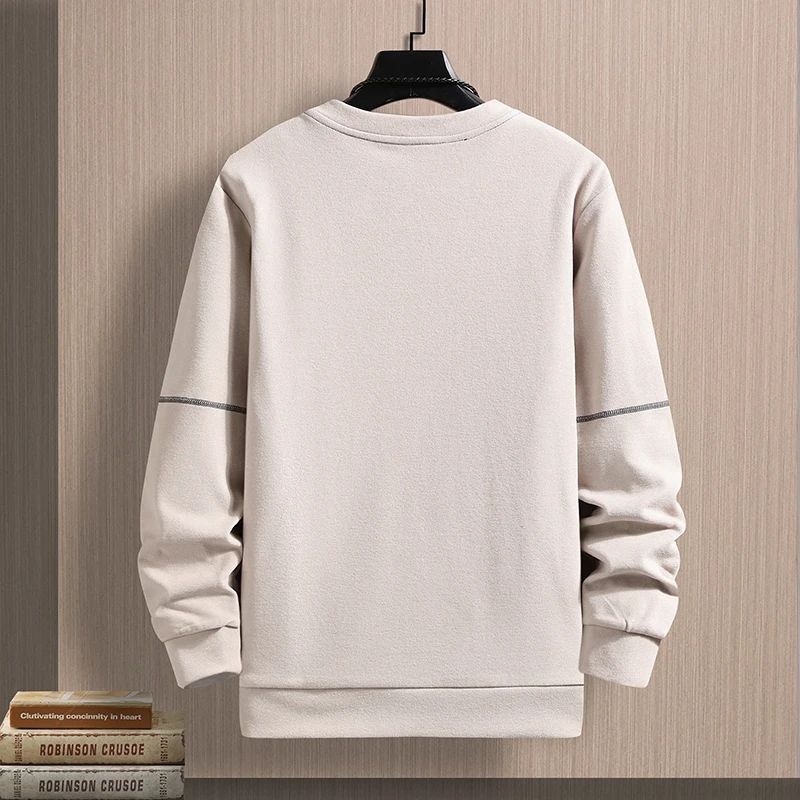 New Autumn and Winter Men's Pullover Round Neck German Velvet Patchwork Letter Stripes Casual Loose Versatile Long Sleeved Tops