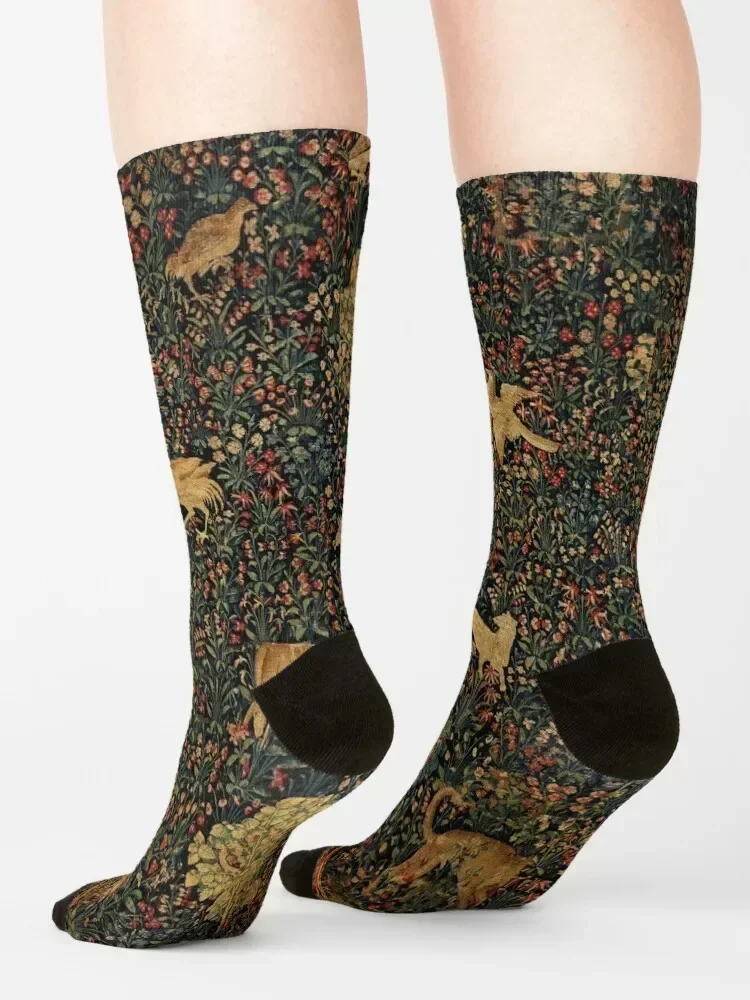 UNICORN AND MEDIEVAL BESTIARY Millefleurs Red Green Floral Tapestry ,Forest Animals, Socks shoes aesthetic Socks Women Men's