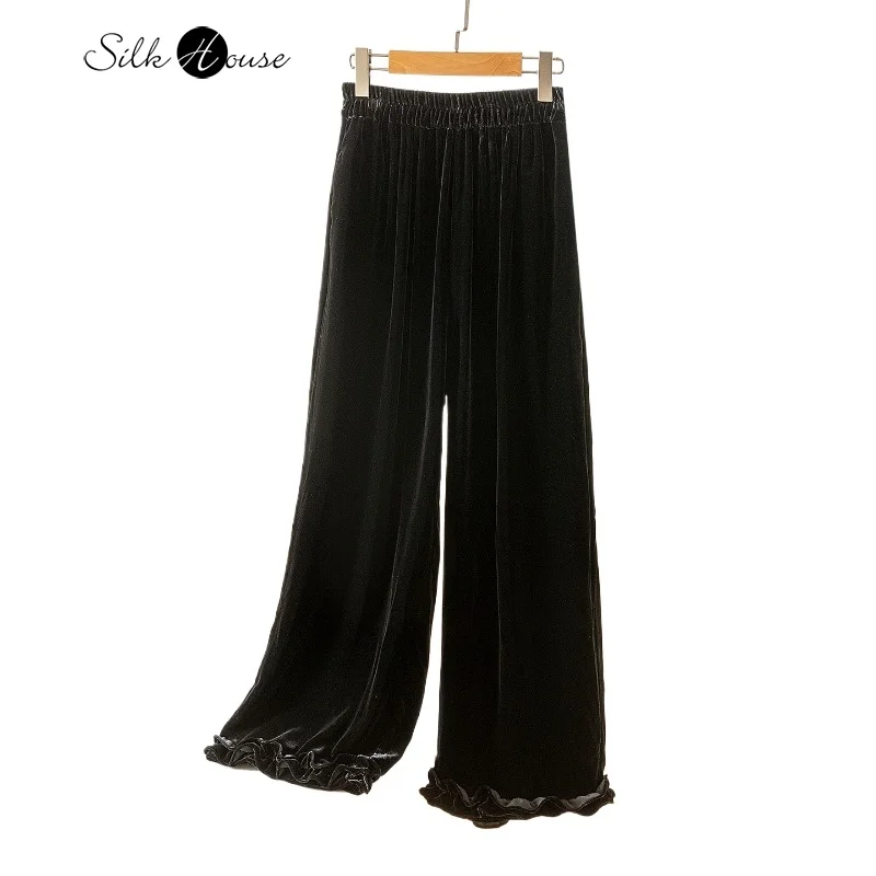 

Women's Fashion Autumn/Winter New Black 30% Natural Mulberry Silk Velvet Casual Elastic Waist Versatile Wide Leg Pants