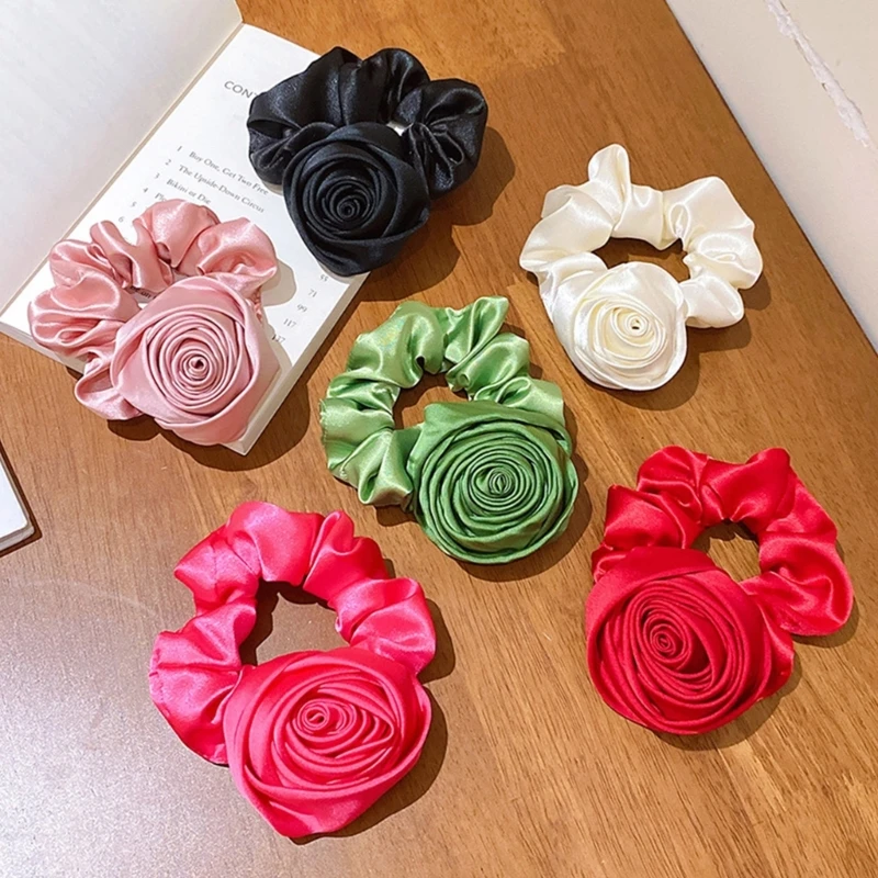 Large Intestine Hair Rings Scrunchies Big Flower Satin Hair Rope Hair Bands Decoration Elegant Elastic Ponytail Holders