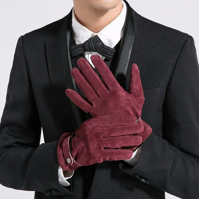 GOURS Winter Real Leather Gloves Men Black Genuine Suede Pigskin Gloves Thin Lined Warm Soft Fashion Buttons Driving New GSM001