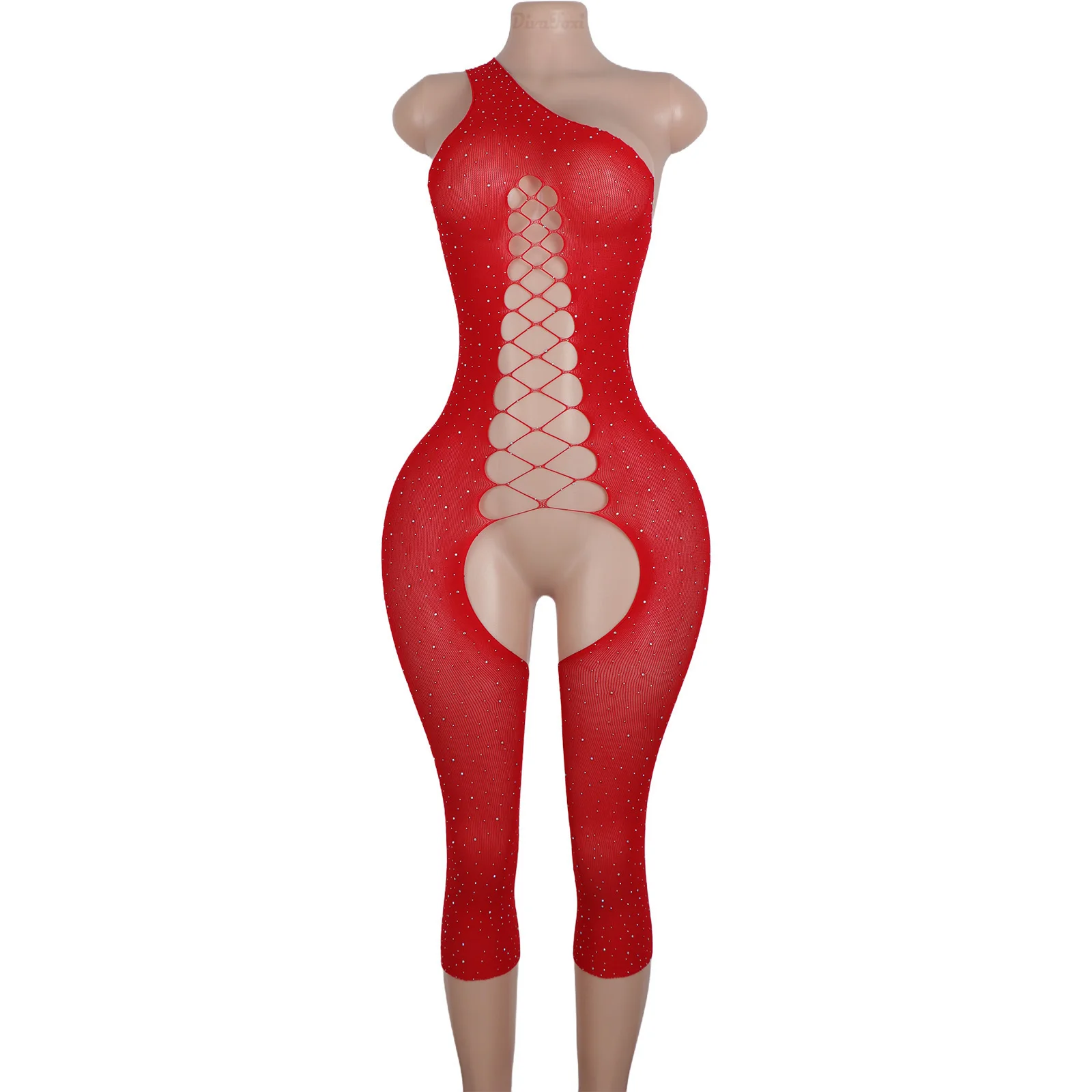 Sexy Lingerie Swimsuit Cutout Design Sheer Net Shorts Crystal Embellished Rhinestone Women's One Piece Exotic Dancewear Mesh