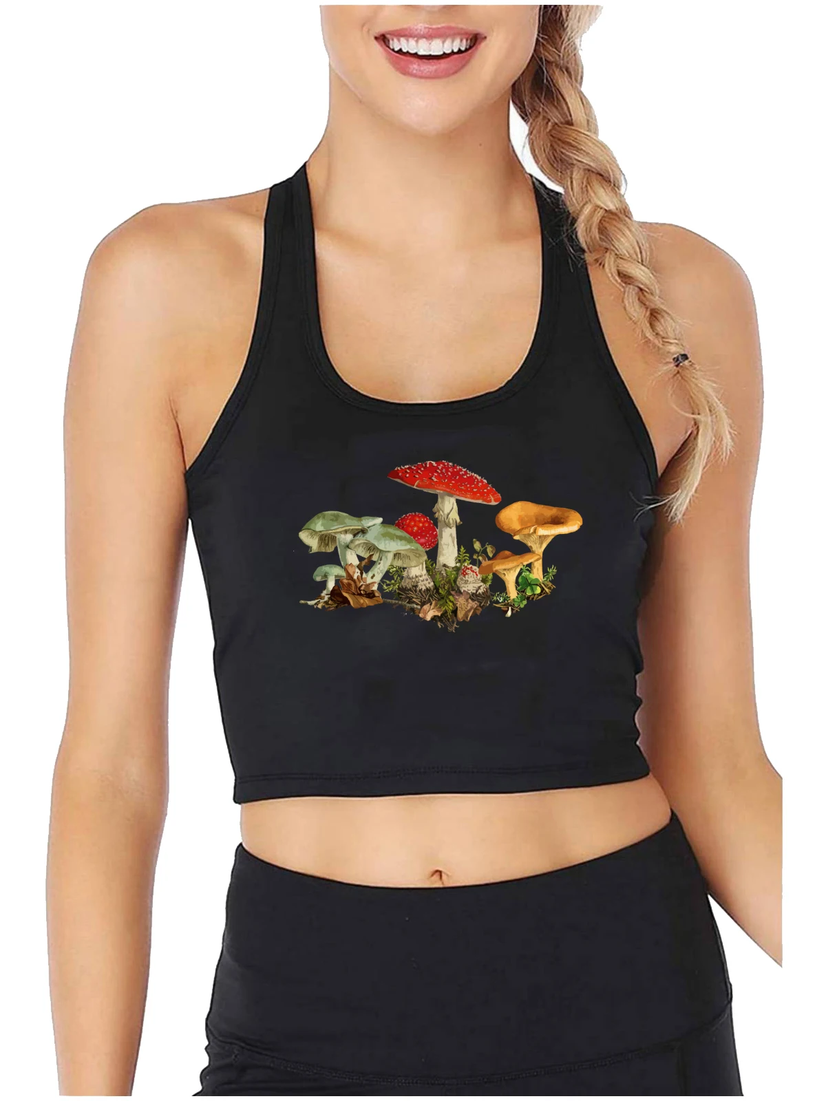 Mushroom Cottagecore Mycology Shrooms Aesthetic Harajuku Print Tank Tops Women's Cotton Sexy Slim Fit Crop Top Fitness Camisole