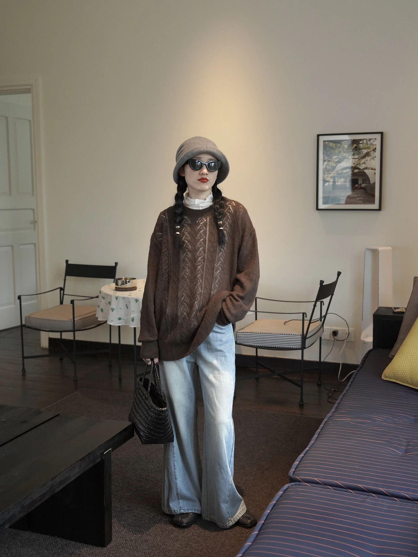 

PAROCETIN Осенне-зимний ажурный свободный вязаный свитер из смесовой шерсти с высоким воротом и длинными рукавами, теплый термотоп для женщин