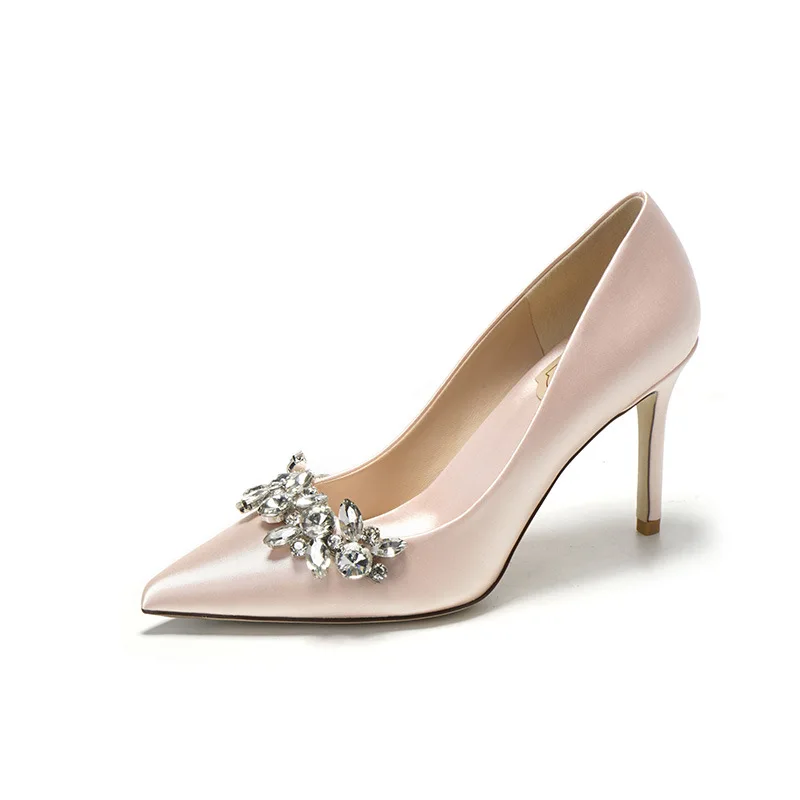 New White Champagne Women Bridal Wedding Shoes Faux Silk Satin Rhinestone Crystal Shallow Pumps Stiletto High Heel