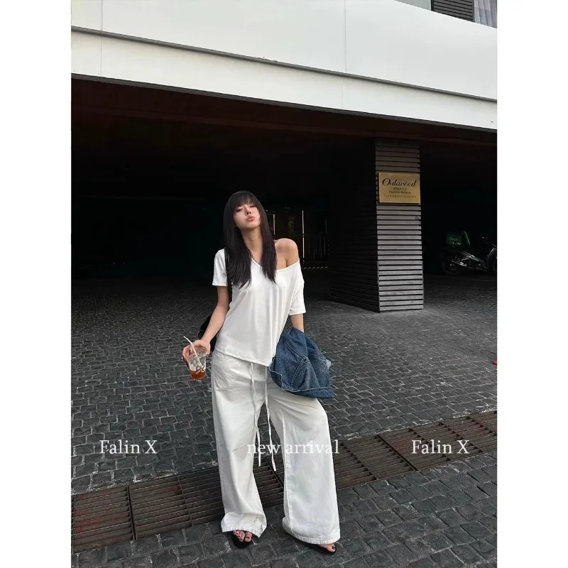 Heavyweight Cotton Off Shoulder 2 Way Wear T Shirt Women Summer Loose Slim Basic Short Sleeve Top
