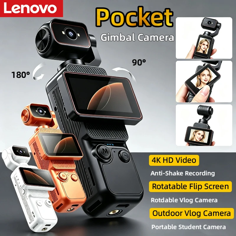 Lenovo HD Handheld Pocket Action Camera Rotating Lens Screen Image Stabilization Photo Video Recording Wi-Fi Transfer to Phone