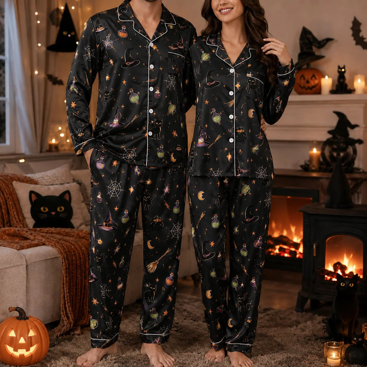 Halloween Witch Cat Potion Set Ice Silk Long Sleeve Long Pants Mens Pajama Set Womens Sleepwear Unisex Loungewear Home Clothing