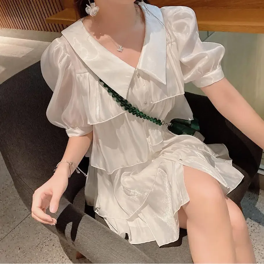 

Fairy White Shirt Dress for Women 2024 Summer New Style Sweet Bubble Sleeves Cake Skirt Gentle Wind