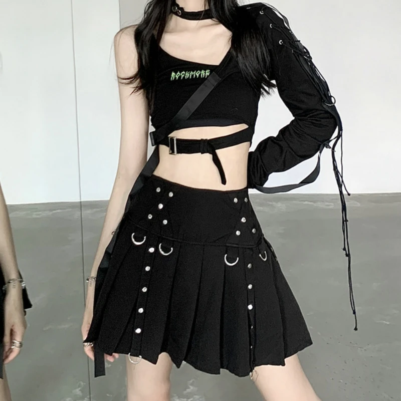 

HOUZHOU Gothic Black Pleated Skirt Women Fashion 2024 Mall Goth Emo High Waist A-line Rivet Mini Skirt Grunge Punk Streetwear