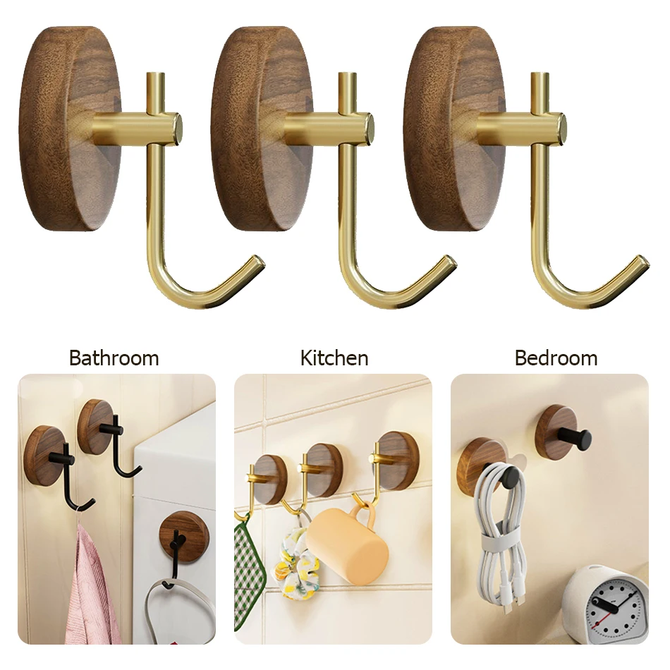 Self-adhesive Coat Hook Walnut Towel Hooks Wall Mounted Door Hooks For Bathroom Shower Home Organization Bathroom Accessories