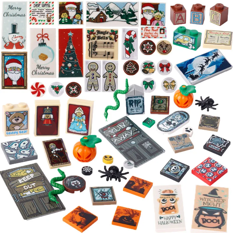 MOC City Halloween Tiles Printed Building Blocks Street View Ghost Pumpkin Skeleton Christmas Gifts Elk Accessories Bricks Toys