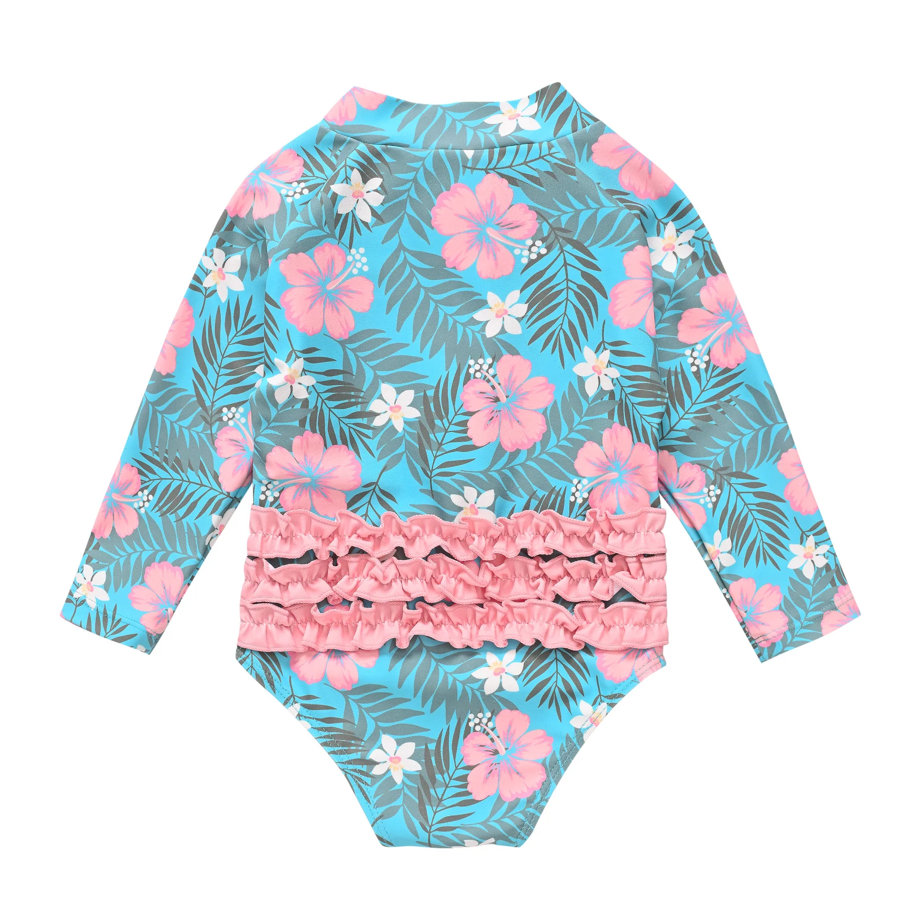 New Swimsuit Girls One Piece Baby Swimwear Kids Clothing Green Floral Print Long Sleeve Surfing Beachwear Hot Bikini