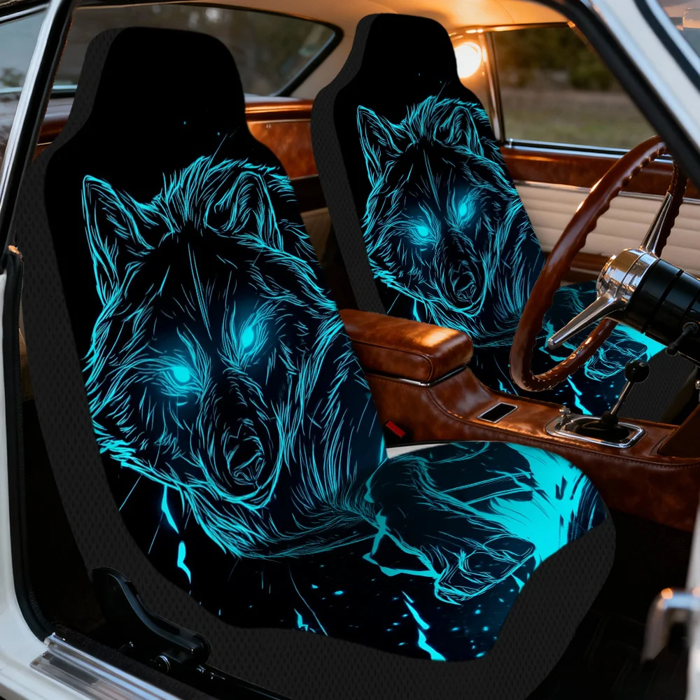 2pcs, Neon Blue Wolf Drawing Pattern Car Seat Covers, Easy To Install And Washable, Compatible With Most Sedan And SUV Front Sea