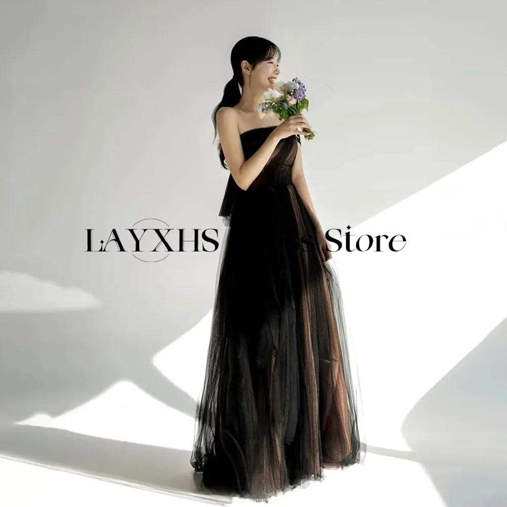 Modern Strapless Contrast Color Korea Wedding Party Dress Tulle Black Brown Prom Dresses Floor Length Evening Gown Customized