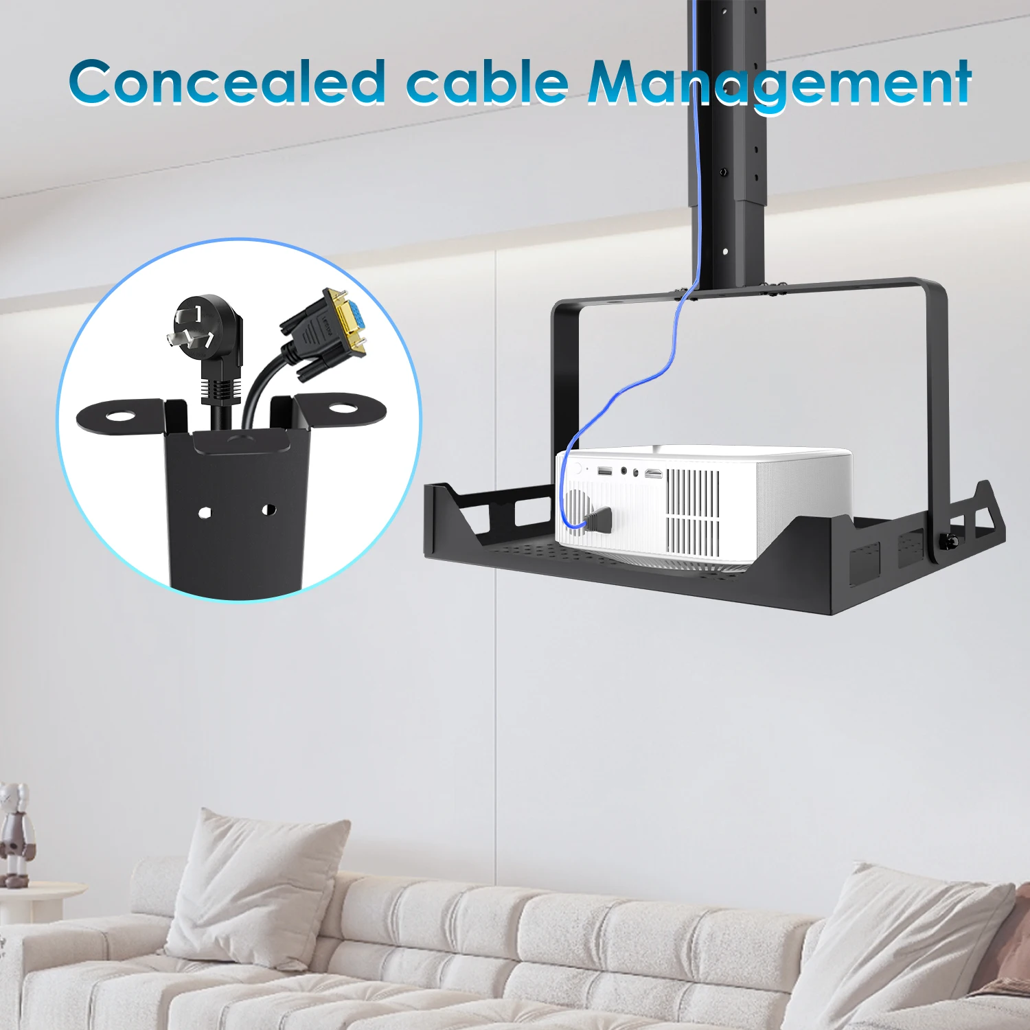Salange Projector Ceiling Mount Tray, 360° Rotation & Height Adjustable Wall Mount Bracket for Projectors, Hidden Cable Manageme