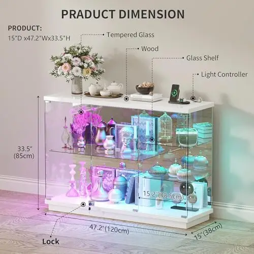 RGB Glass Display Cabinet - with Human Body Sensor, High Gloss Sideboard with Lock & Glass Shelves for Toys, Books
