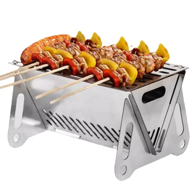 Wood Burning Camp Stove Picnic BBQ Cooker Stainless Steel Folding Backpacking Stove with Grill-Grid Wood Fire Stove for Outdoor
