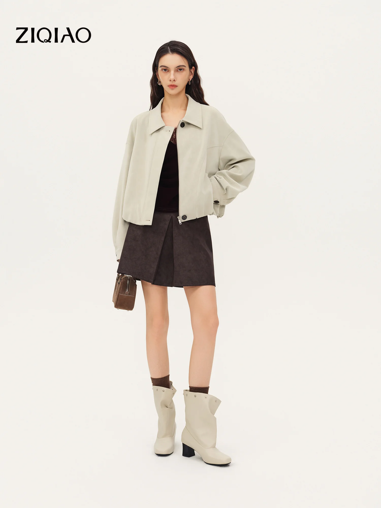 ZIQIAO 2026 Fall Women's Vintage Notch Collar Faux Suede Short Jacket with Ribbed Hem - Casual Chic Outerwear for Daily Wear