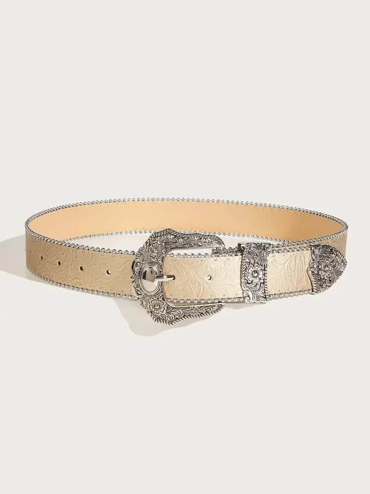 Western PU ceinture en cuir Western Cowboy femmes Cowgirl unisexe ceinture avec boucle en métal gravé