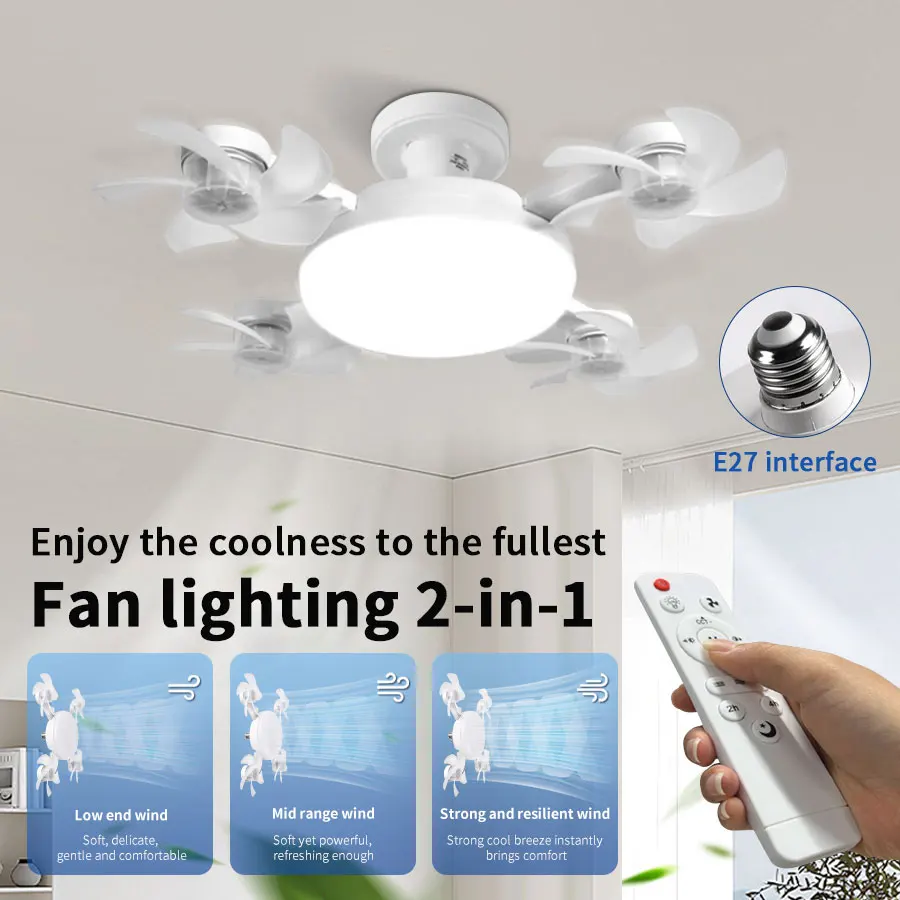 

Светодиодные потолочные вентиляторы E27 с дистанционным управлением, 3-цветная температура, регулируемый угол вентилятора с регулируемой яркостью, энергосберегающий вентилятор на лето