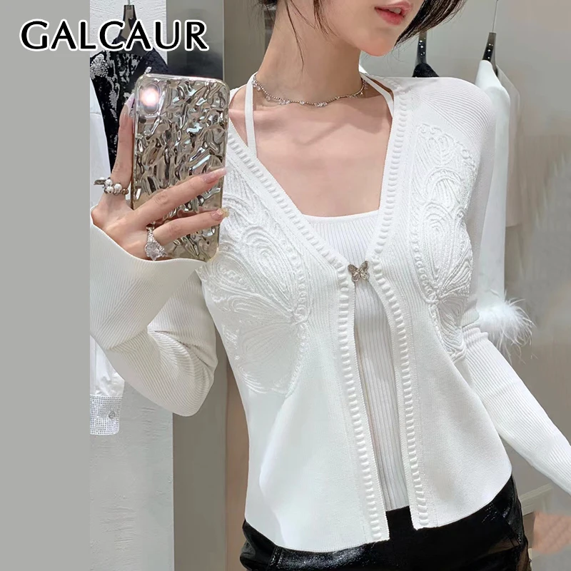 GALCAUR Sexy Solid Suits Women Halter Tank Tops V Neck Signle Button Design Long Sleeve Cardign Coat Slimming Set Female Clothes