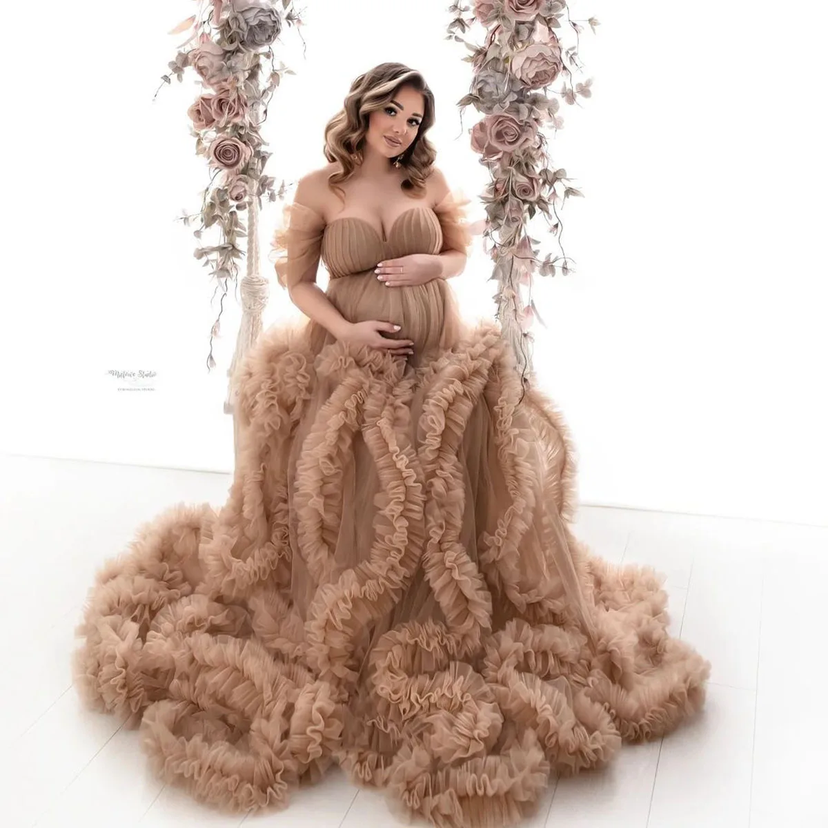 Dream Ruffled Tulle Maternity Dress Pregnancy Woman Photo Shoot Gown Extra Lush Tulle Brown Maternity Dresses Babyshower Dress