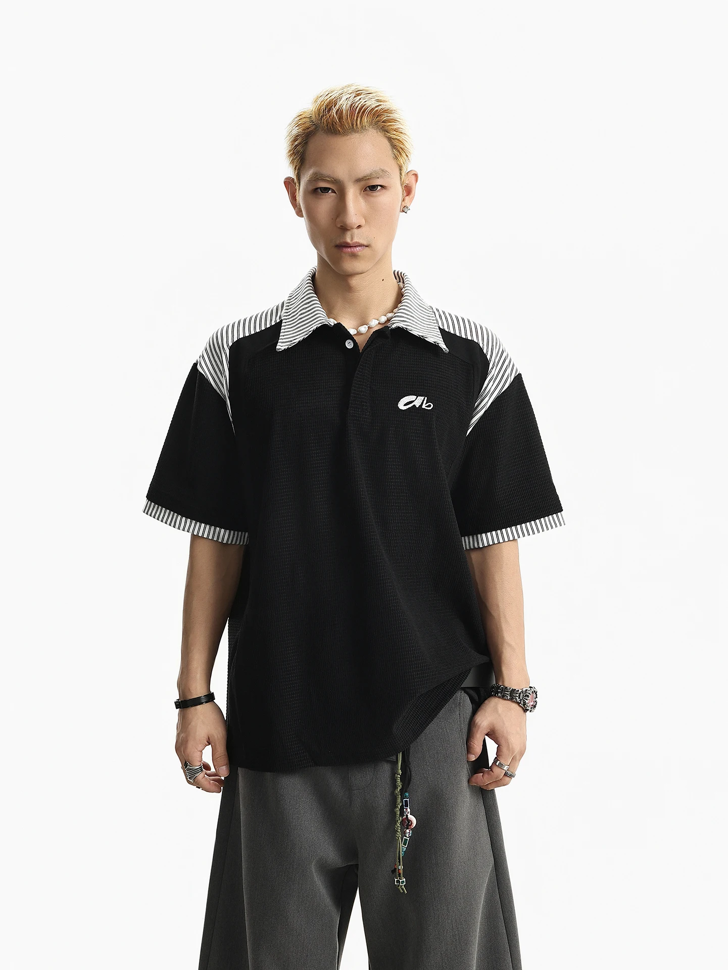 

BETEBULE American Retro Embroidered Striped Patchwork Wafer Grid Short Sleeve T-Shirt Men Summer Loose Top