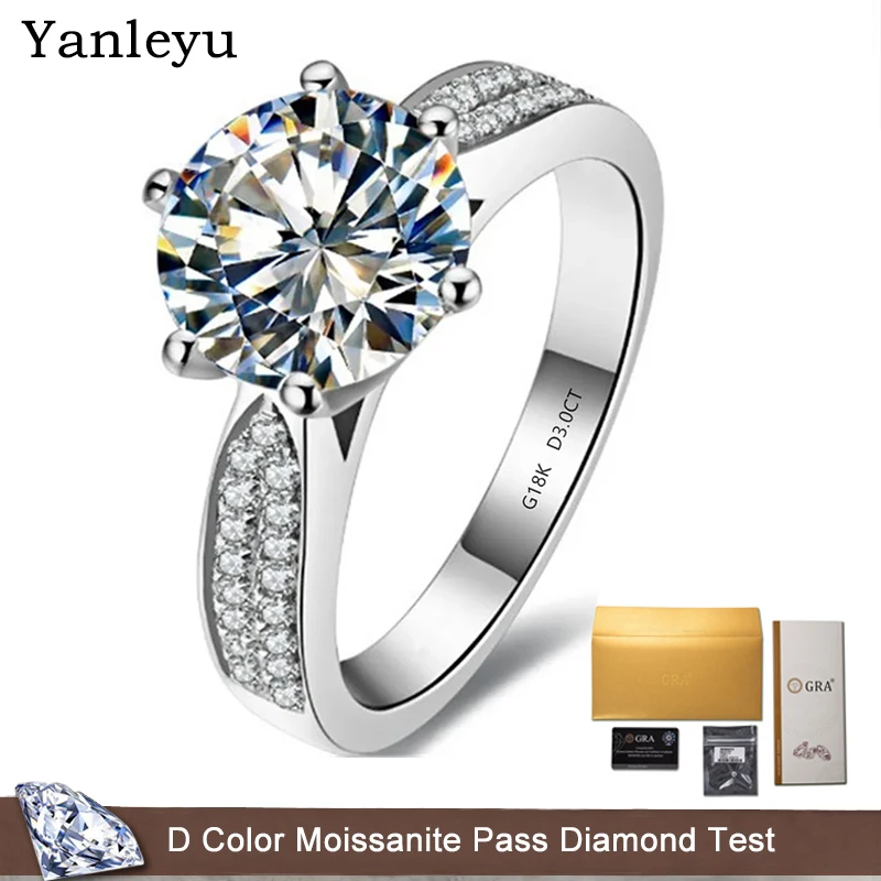 

Yanleyu Solid 18K White Gold Rings 3CT D Color Moissanite Diamond Engagement Ring For Women Top Brand Luxury Woman Gold Ring