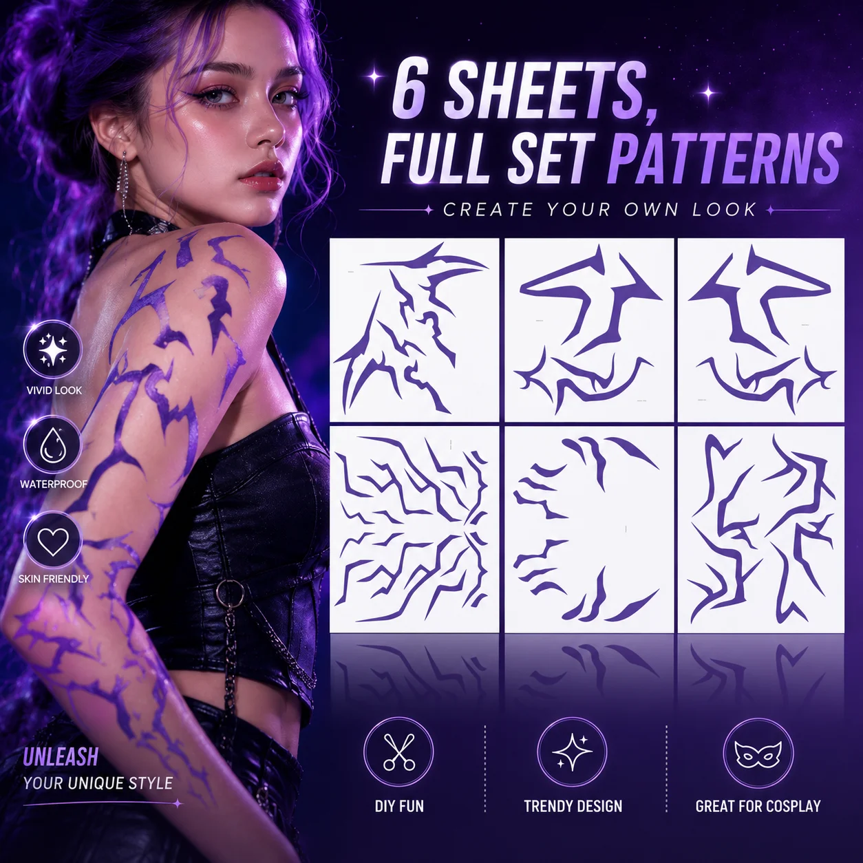 Temporary Tattoo Stickers, Purple Ombre Demon Movie Hunters Patterns, Realistic Waterproof DIY Body Art For Cosplay