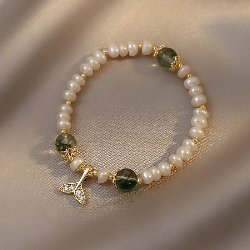 New Arrival Elegant Fish Tail Natural Freshwater Pearl & Crystal 14K Gold Filled Female Charm Bracelet Jewelry For Women Gifts