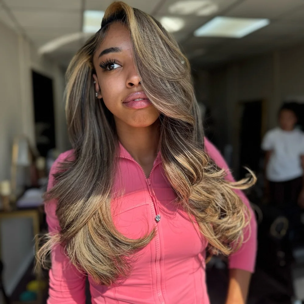 

Ombre Blonde and Brown Body Wave lace Front Human Hair Wigs 34 inches 200% Black women13x4 Transparent Lace Brazilian hair wigs