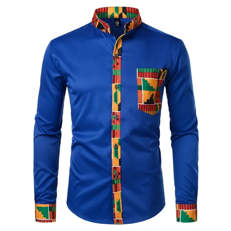 

Men's shirt patch pocket African print shirt men's Ankara style long sleeved design collar men's shirt