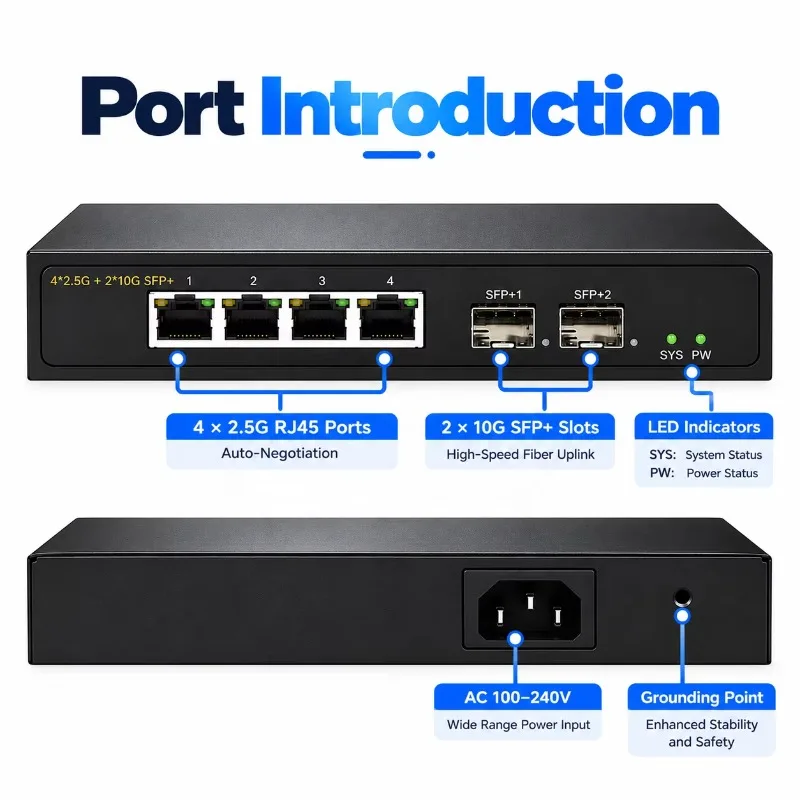 10G Ethernet Switch Unmanaged 4-Port Network Switch with 2 SFP, 4 Port 2 SFP+ 2.5G Ethernet Unmanaged 10gbe Switch