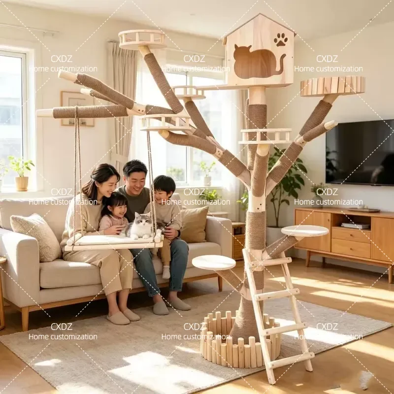 Wall Mounted Cat Tree Climbing Frame with Litter Box Integrated Large Multi Cat Activity Center Household Trunk Design for